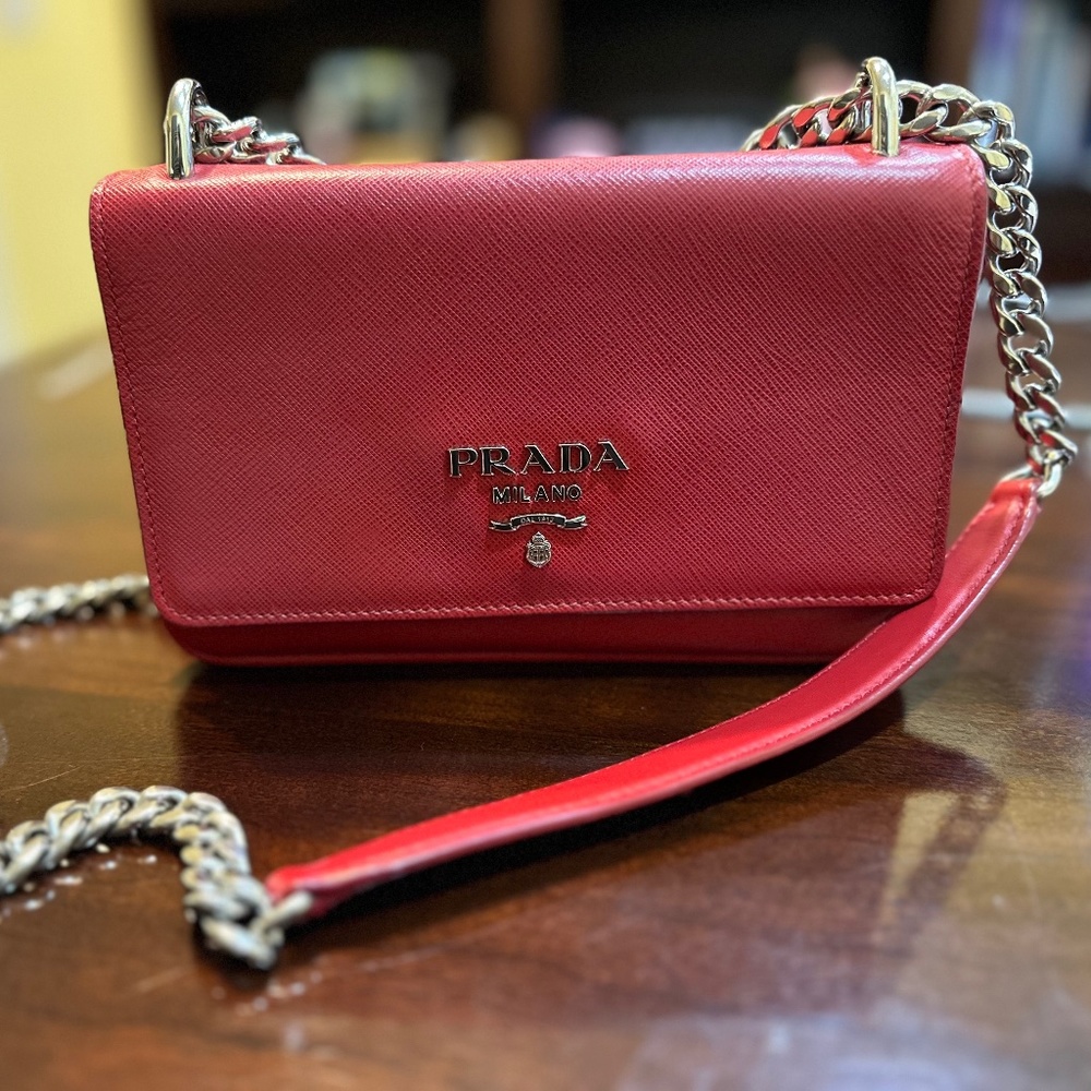 Prada Pattina Soft Calkskin and Saffiano leather, Mini Bag, Color Red